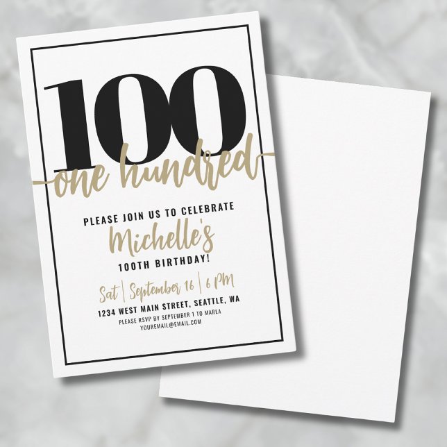 Invitation Calligraphie d'or moderne 100e fête d'anniversaire (Modern 100th Birthday Party Invitation)