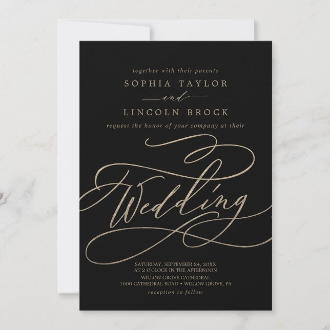 Invitation Calligraphie d'or romantique | Black Flourish Mari (Devant)