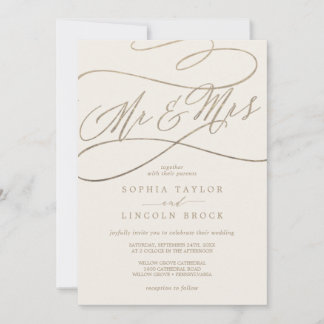 Invitation Calligraphie d'or romantique | Ivory M. & Mme Mari