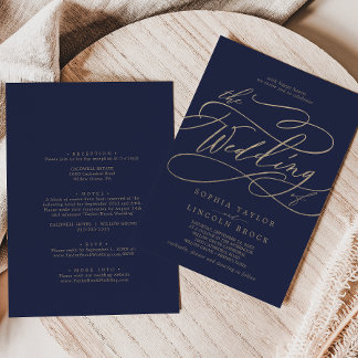 Invitation Calligraphie d'or romantique Marine tout en un Mar
