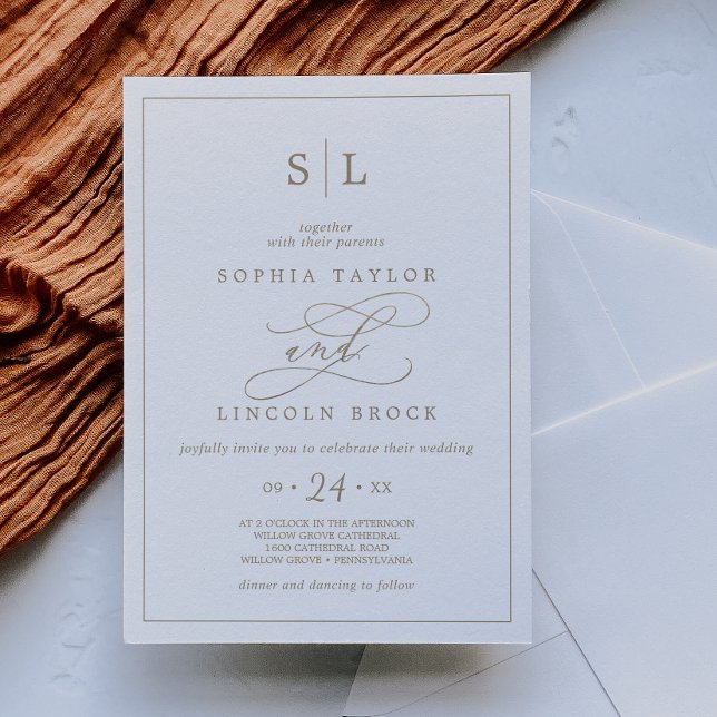 Invitation Calligraphie d'or romantique Monogramme Mariage In (Créateur téléchargé)