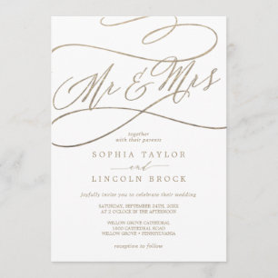Invitation Calligraphie d'or romantique Mr & Mrs Mariage