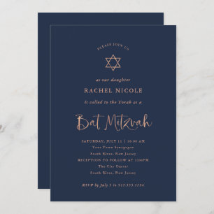 Invitation Calligraphie d'or Rose Faux sur Navy Bat mitzvah