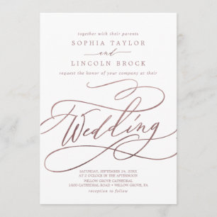 Invitation Calligraphie d'or Rose romantique   Mariage floris