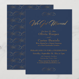 Invitation Calligraphie dorée élégante sur fond marine Nous n
