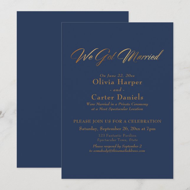 Invitation Calligraphie dorée élégante sur fond marine Nous s (Devant / Derrière)