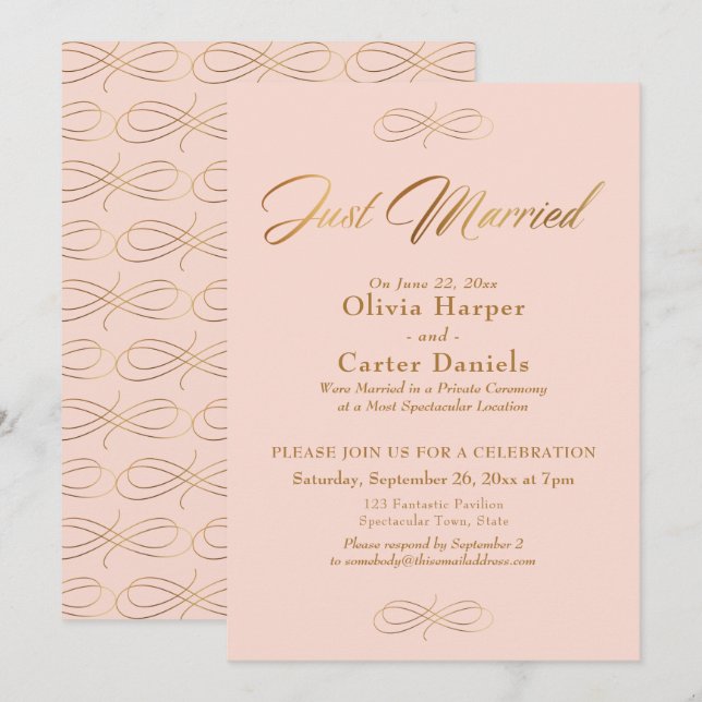 Invitation Calligraphie dorée Réception Mariage tout juste ro (Devant / Derrière)
