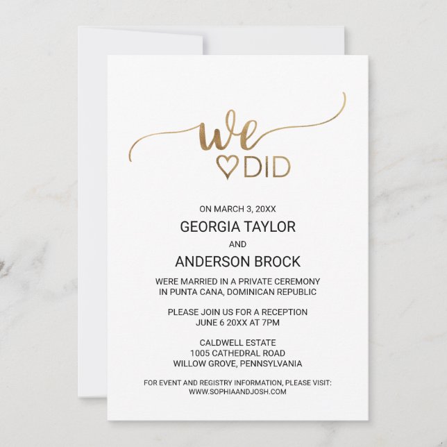 Invitation Calligraphie dorée simple We Did (Devant)