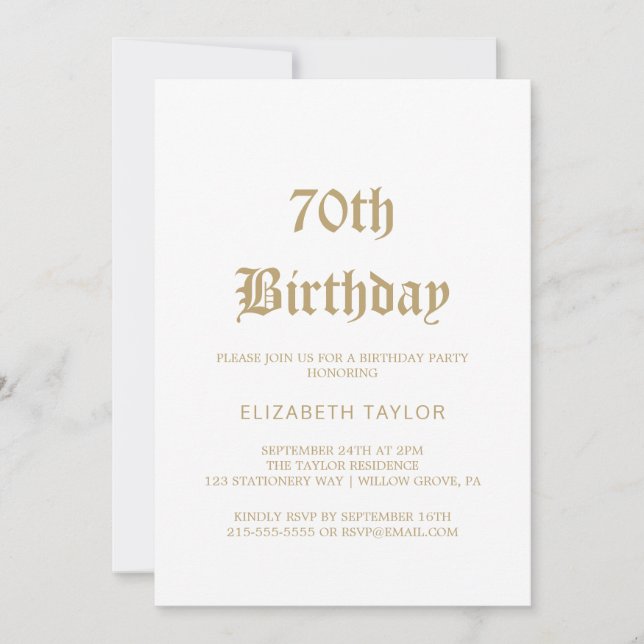 Invitation Calligraphie dorée sophistiquée pour 70 ans  (Devant)
