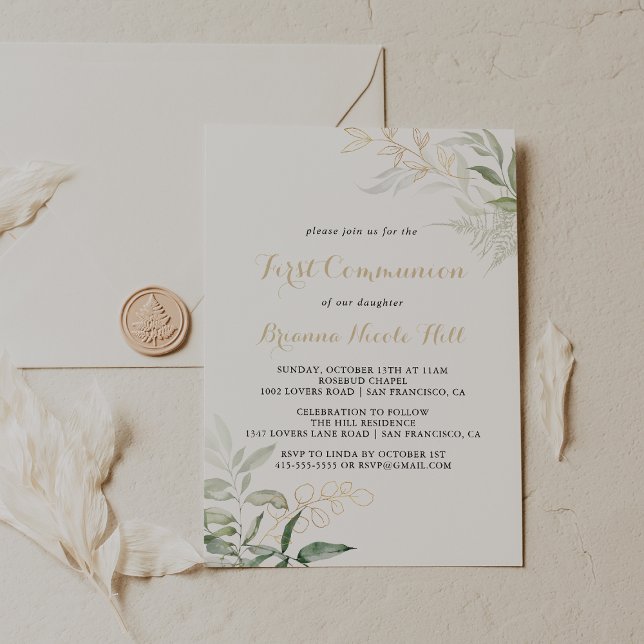 Invitation Calligraphie du feuillage vert or Première communi (Créateur téléchargé)