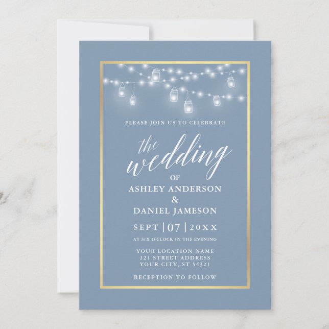 Invitation Calligraphie Dusty Blue Jar Lights Mariage or (Devant)