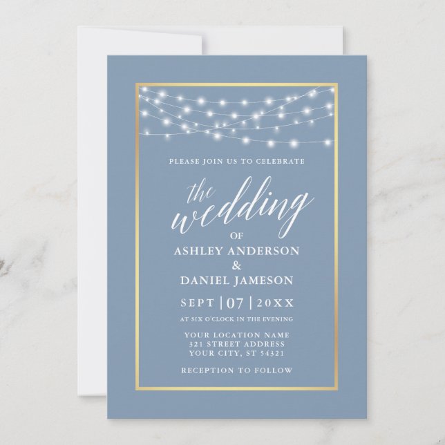 Invitation Calligraphie Dusty Blue String Lights Gold Mariage (Devant)