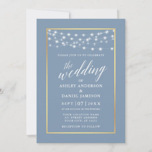 Invitation Calligraphie Dusty Blue String Lights Gold Mariage