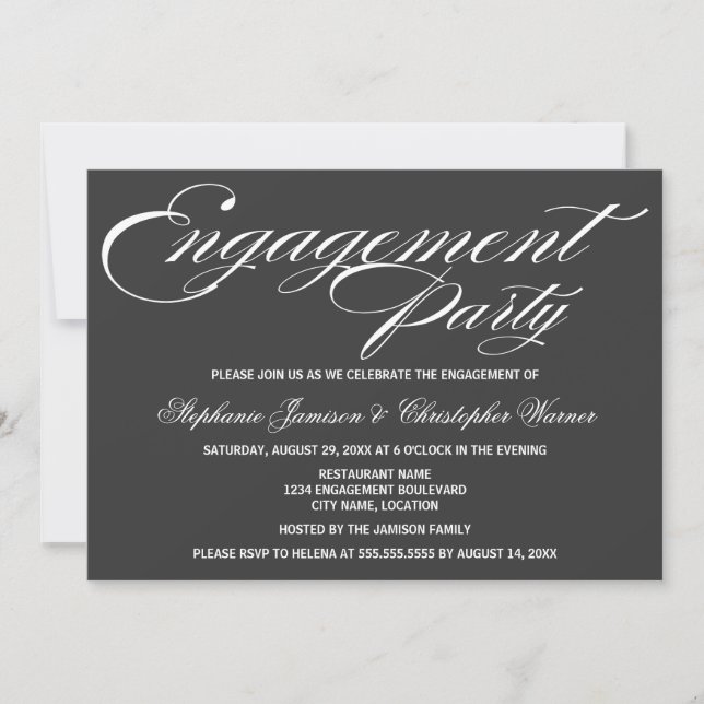 Invitation Calligraphie Élégance Gris Fête de Fiançailles (Devant)