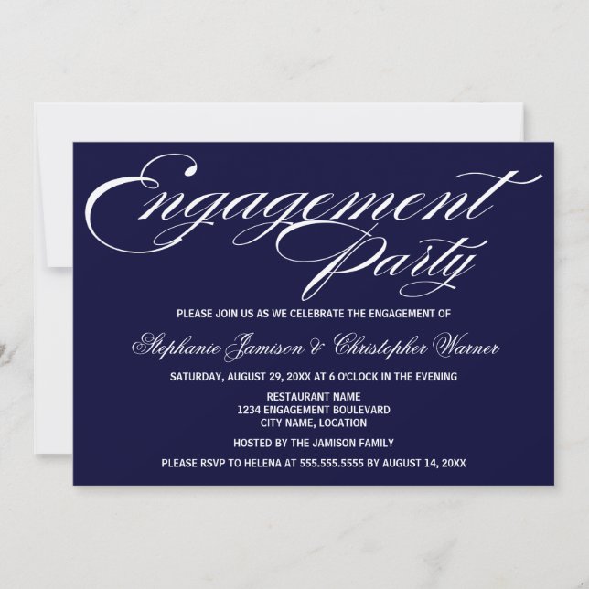Invitation Calligraphie Élégance Marine Blue Engagement Party (Devant)