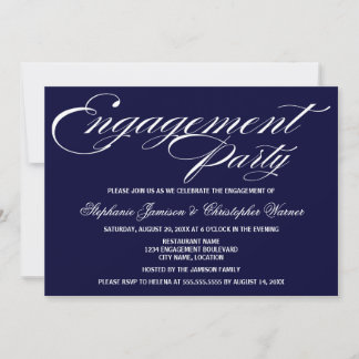 Invitation Calligraphie Élégance Marine Blue Engagement Party