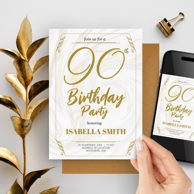Invitation Calligraphie Elégant Or moderne 90e anniversaire (90th Birthday Party Elegant Modern Gold Invitation, Bday Invite)