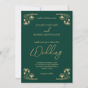 Invitation Calligraphie élégante & Art déco or & mariage vert