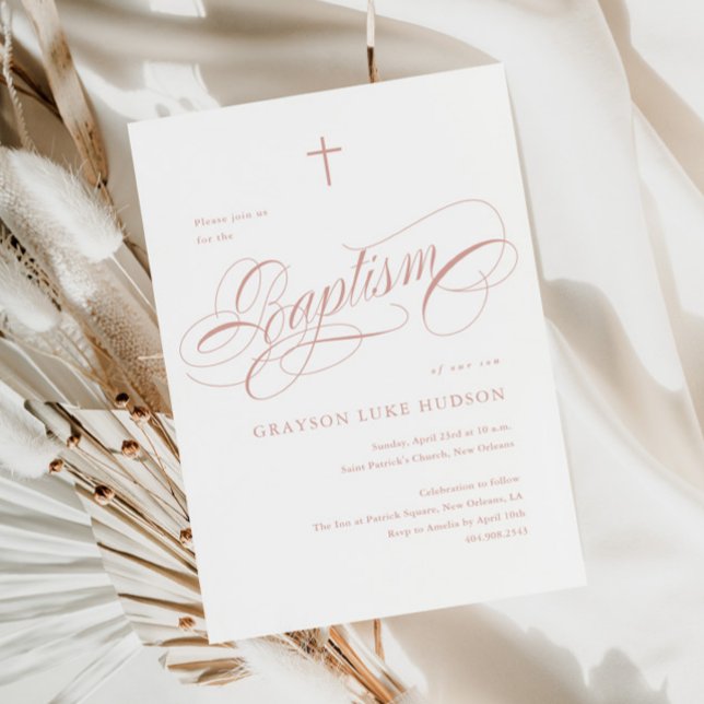 Invitation Calligraphie Élégante Baptême Fille Rose Poussiére (Créateur téléchargé)