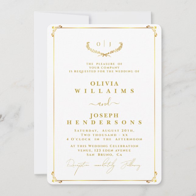 INVITATION CALLIGRAPHIE ÉLÉGANTE ET MARIAGE D'OR CHIC FRAME (Devant)