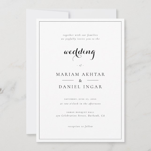 Invitation Calligraphie élégante et simple pour mariage blanc (Devant)