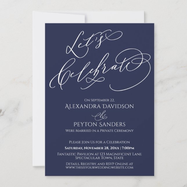 Invitation Calligraphie Élégante Fêtons le Bleu Marine (Devant)