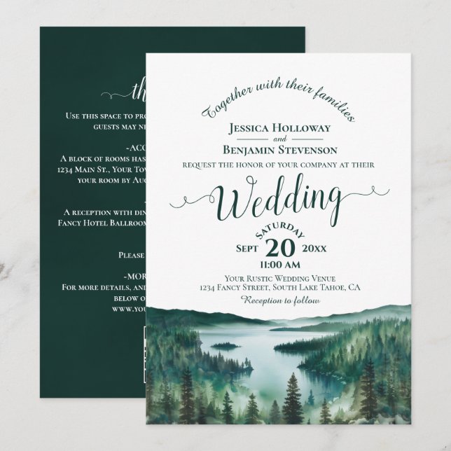 Invitation Calligraphie Élégante Lac Tahoe Code QR Mariage (Devant / Derrière)