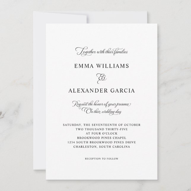 Invitation Calligraphie Élégante Mariage Formel Noir & Blanc (Devant)