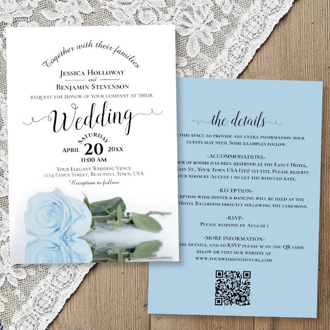 Invitation Calligraphie Élégante Rose Bleu Clair Code QR Mari (front/back)