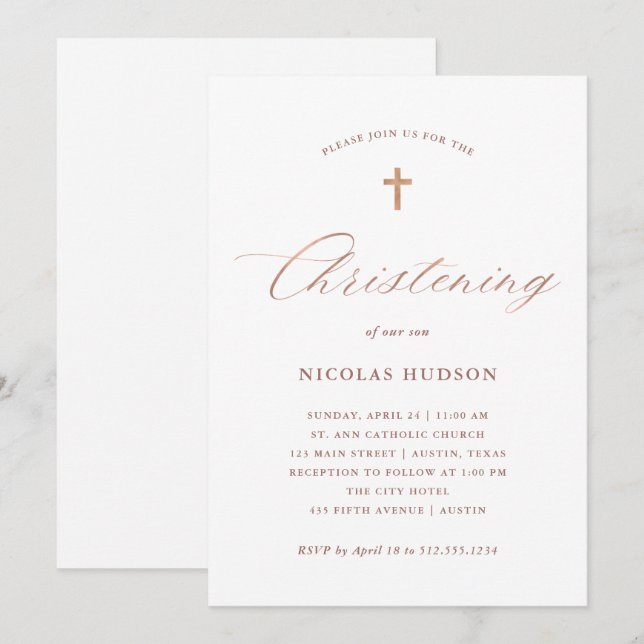 Invitation Calligraphie et croix d'or Faux Rose| Brise (Devant / Derrière)