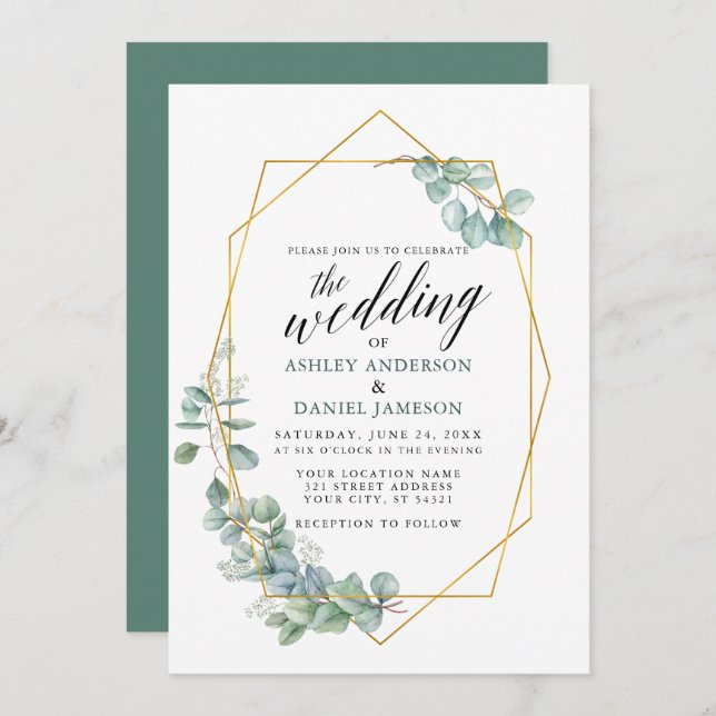 Invitation Calligraphie Eucalyptus Verdure Mariage de cadre O (Devant / Derrière)