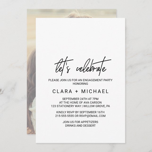 Invitation Calligraphie Fantaisiste Photo Back Fêtons (Devant / Derrière)