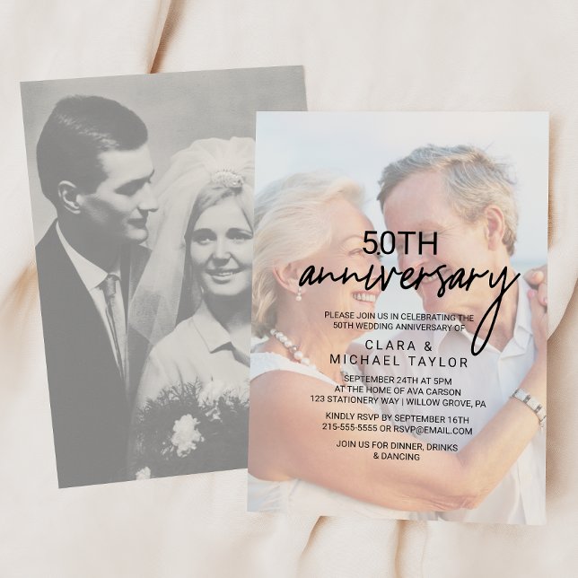 Invitation Calligraphie fantaisiste | Photo décolorée d'anniv (Créateur téléchargé)