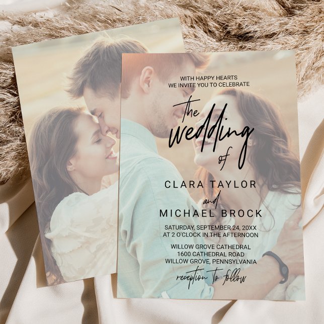 Invitation Calligraphie Fantaisiste | Photo Décolorée Le Mari (Whimsical Calligraphy | Faded Photo The Wedding Of Invitation)