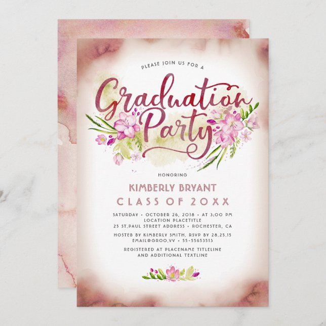 Invitation Calligraphie| Fête de graduation Floral Watercolor (Devant / Derrière)
