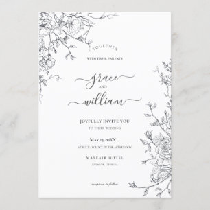 Invitation Calligraphie florale blanc gris Mariage