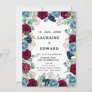 Invitation calligraphie florale blanche rose rouge et bleue 