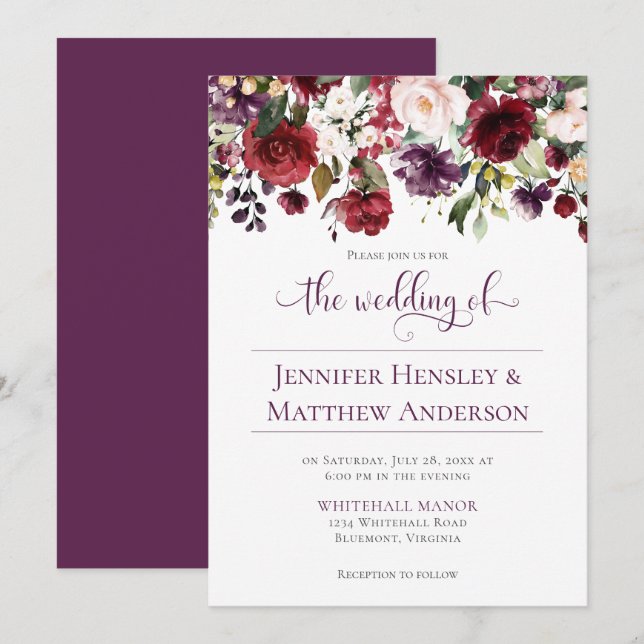 Invitation Calligraphie florale rouge, violette, blanche et v (Devant / Derrière)