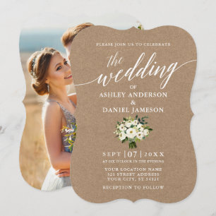 Invitation Calligraphie Green Floral Mariage Photo Kraft