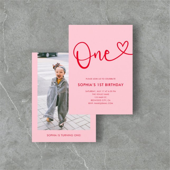 Invitation Calligraphie joueuse Coeur rose rouge 1er annivers (Créateur téléchargé)
