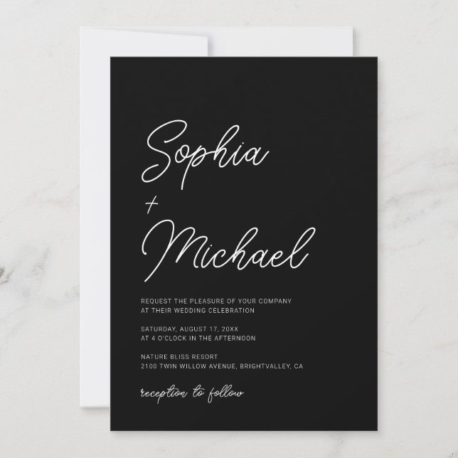 Invitation Calligraphie Joueuse moderne Mariage noir blanc (Devant)
