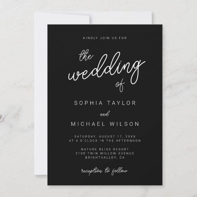 Invitation Calligraphie Joueuse moderne Mariage noir blanc (Devant)