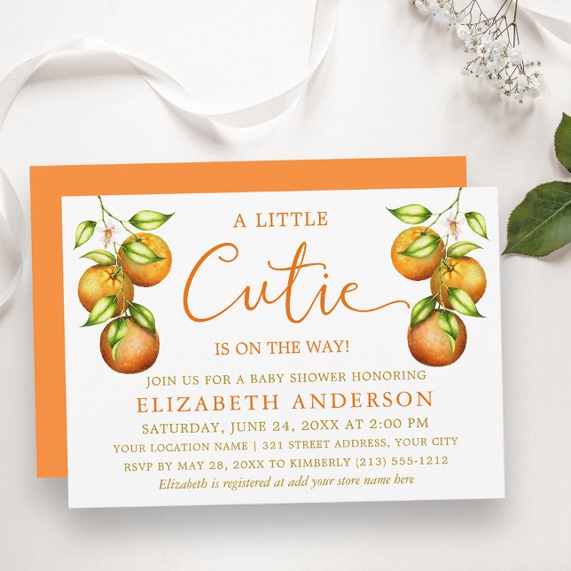 Invitation Calligraphie Little Cutie Baby shower Oranges Or (Customize to change text size, color, style or to change color of back of card.)