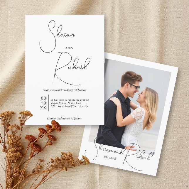 Invitation Calligraphie lunaire noir blanc mariage photo (Créateur téléchargé)