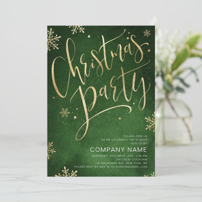 Invitation Calligraphie manuscrite en or vert Noël (Debout devant)