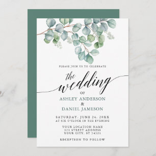 Invitation Calligraphie mariage Aquarelle Eucalyptus Vert