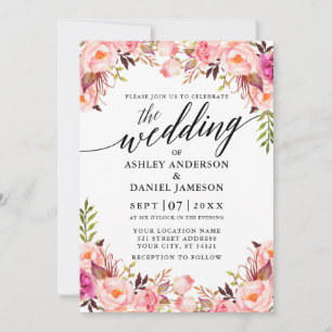 Invitation Calligraphie mariage Aquarelle rose Blush Floral