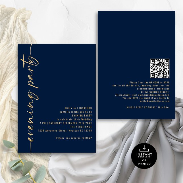 Invitation Calligraphie Mariage d'or de la Marine QR (Front and back view)