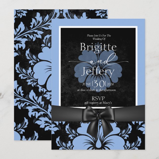 Invitation Calligraphie mariage floral bleu imprimé (Devant / Derrière)