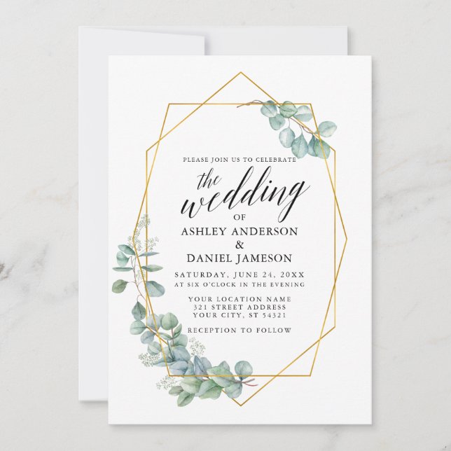 Invitation Calligraphie Mariage Gold Frame Eucalyptus Vert (Devant)